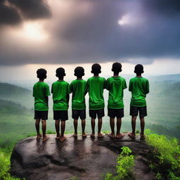 A group of 7 boys standing on top of a hill mountain during the monsoon season