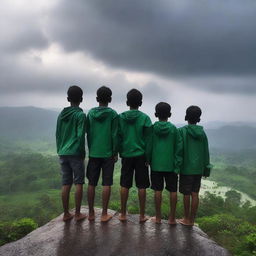 A group of 7 boys standing on top of a hill mountain during the monsoon season