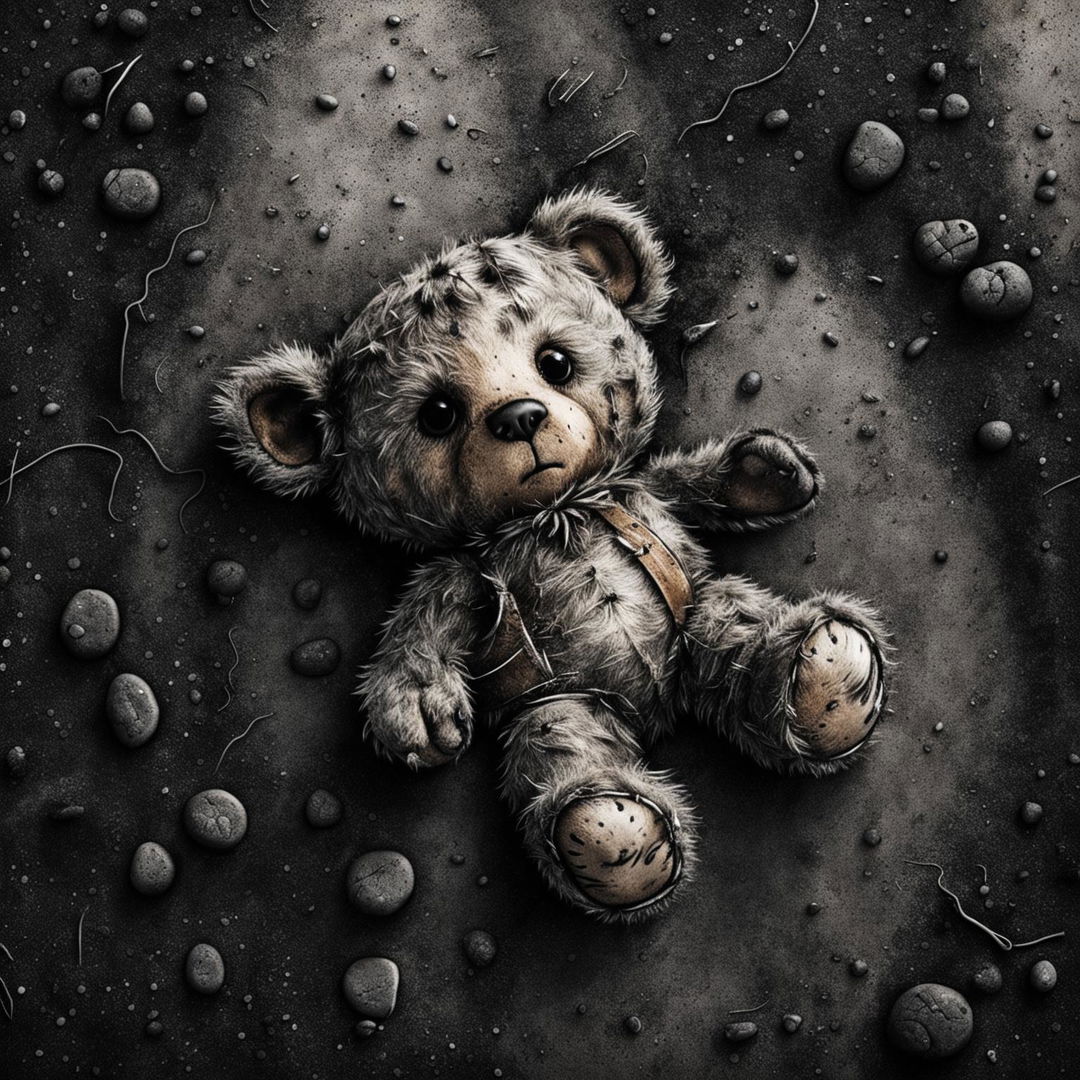 A poignant illustration of a sad, furry tiny brown teddy bear with a ripped ear, missing eye, patchy fur, and undone stitching, lying down on a dirt muddy road background in black, white, and brown