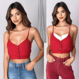 A woman wearing a red spaghetti strap low neck crop top layered with a translucent white shirt