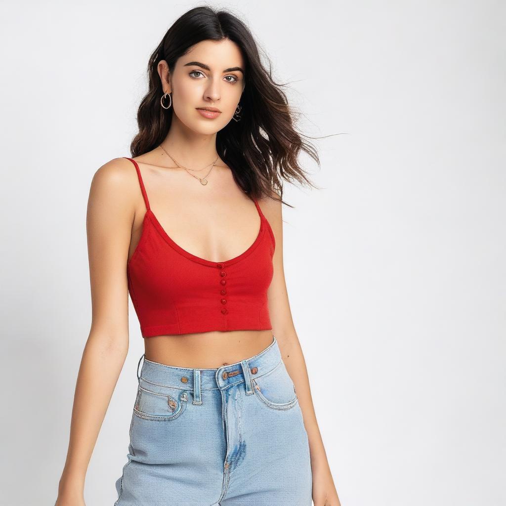 A woman wearing a red spaghetti strap low neck crop top layered with a translucent white shirt