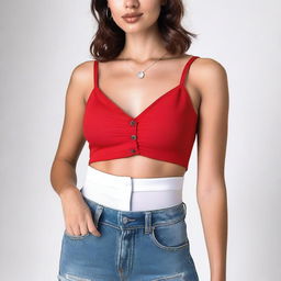 A woman wearing a red spaghetti strap low neck crop top layered with a translucent white shirt