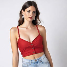 A woman dressed in a red spaghetti strap low neck crop top, layered with a translucent white shirt