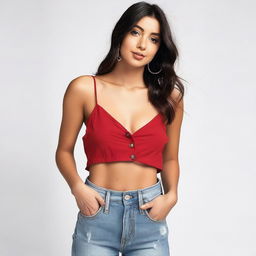 A woman dressed in a red spaghetti strap low neck crop top, layered with a translucent white shirt