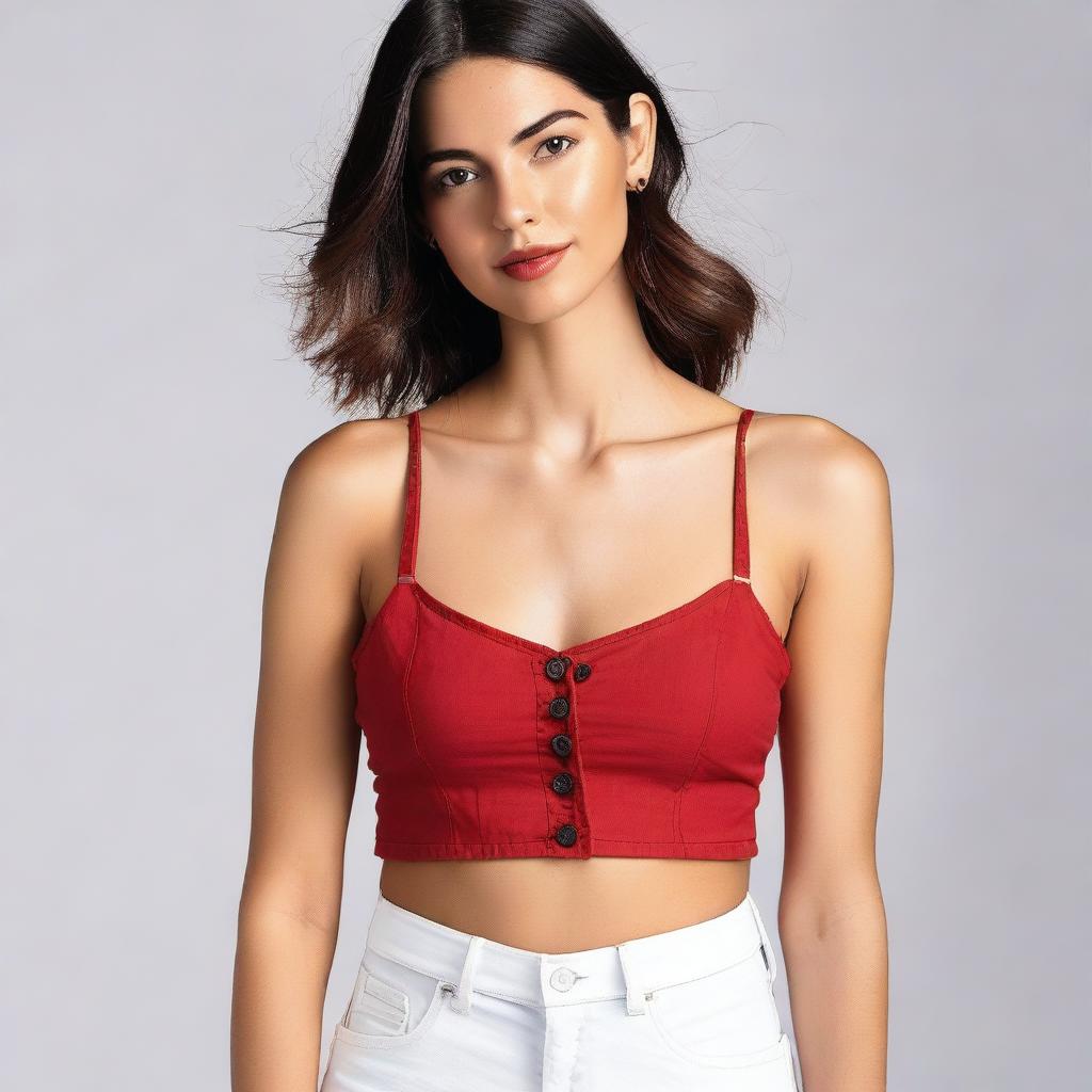 A woman dressed in a red spaghetti strap low neck crop top, layered with a translucent white shirt