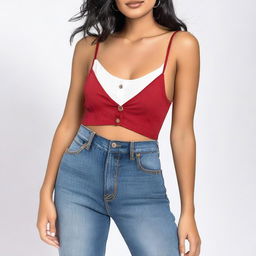 A woman dressed in a red spaghetti strap low neck crop top, layered with a translucent white shirt