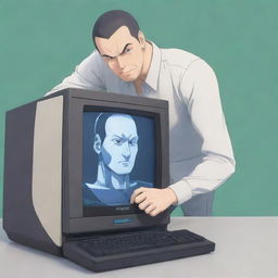 An anime-style image vividly showcasing a man putting an anthropomorphic computer into a headlock.