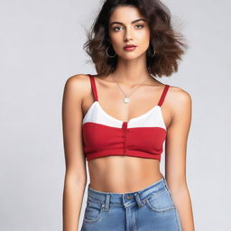 A woman dressed in a red spaghetti strap low neck crop top, layered with a translucent white shirt