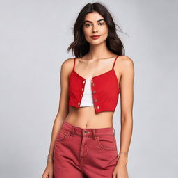 A woman dressed in a red spaghetti strap low neck crop top, layered with a translucent white shirt