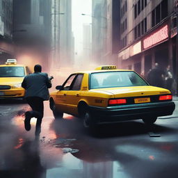 A dramatic scene where assailants are firing on a taxi, with a man running away from the chaos