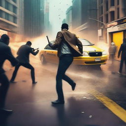 A dramatic scene where assailants are firing on a taxi, with a man running away from the chaos