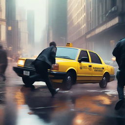 A dramatic scene where assailants are firing on a taxi, with a man running away from the chaos