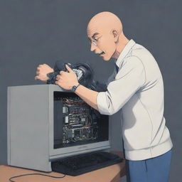 An anime-style image vividly showcasing a man putting an anthropomorphic computer into a headlock.