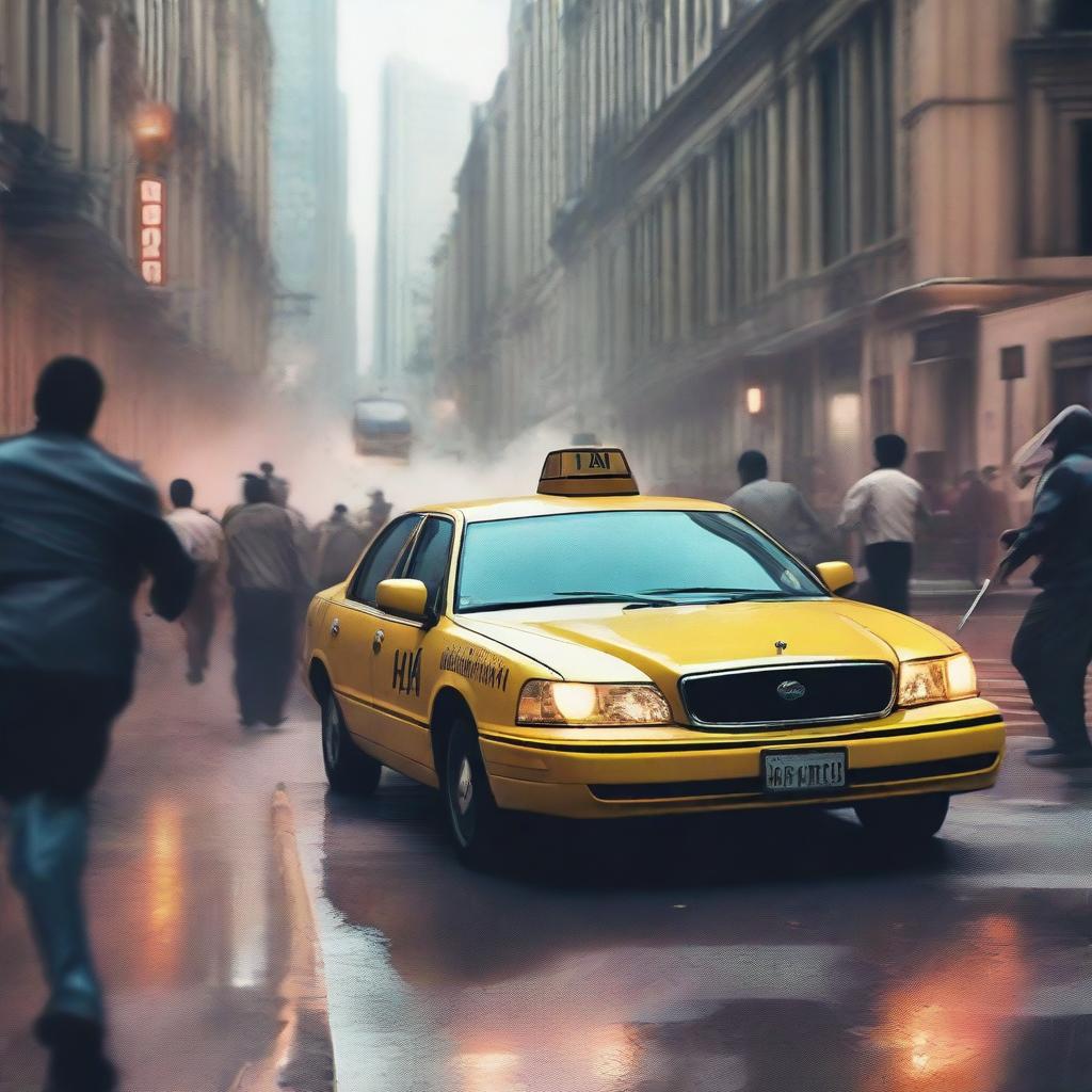 A dramatic scene where assailants are firing on a taxi, with a man running away from the chaos