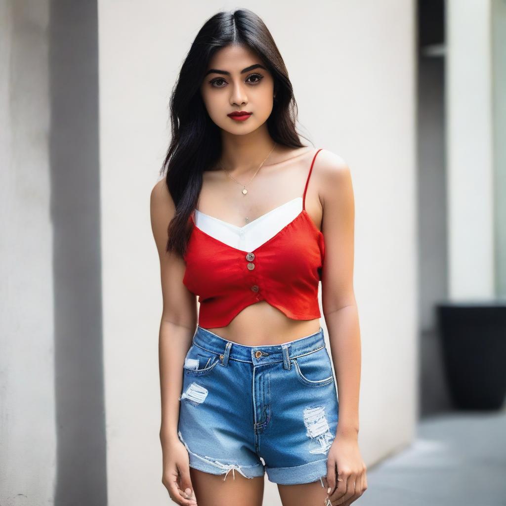 A woman dressed in a red spaghetti strap low neck crop top, layered with a translucent white shirt