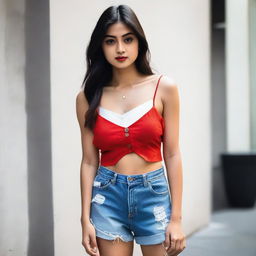 A woman dressed in a red spaghetti strap low neck crop top, layered with a translucent white shirt