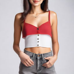 A woman dressed in a red spaghetti strap low neck crop top, layered with a translucent white shirt