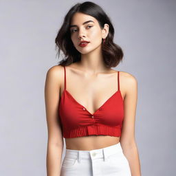 A woman dressed in a red spaghetti strap low neck crop top, layered with a translucent white shirt