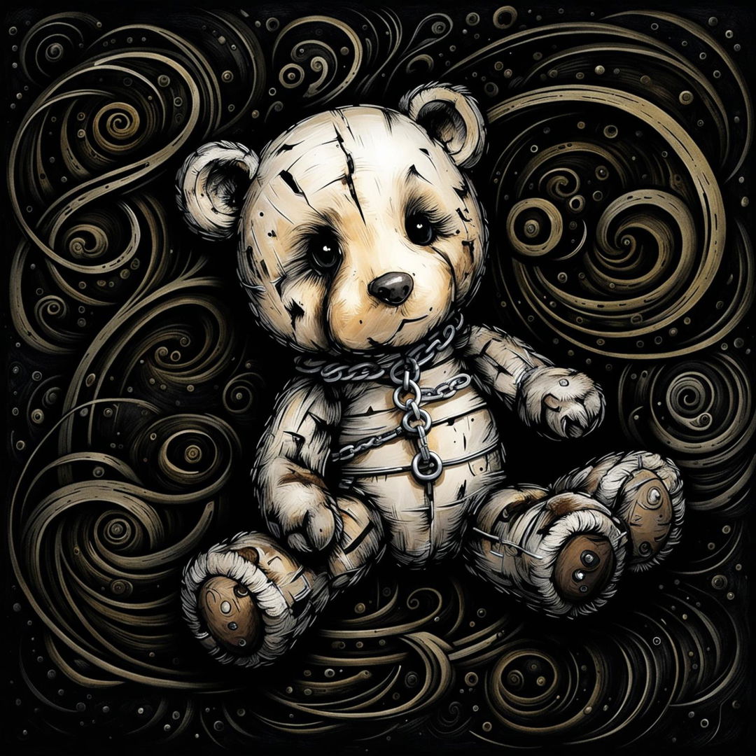 An abstract illustration of a sad, furry tiny brown teddy bear with a ripped ear, missing eye, patchy fur, undone stitching, and chains wrapped around its body, lying down against a dark abstract background in black, white, and brown