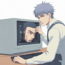 An anime-style image vividly showcasing a man putting an anthropomorphic computer into a headlock.