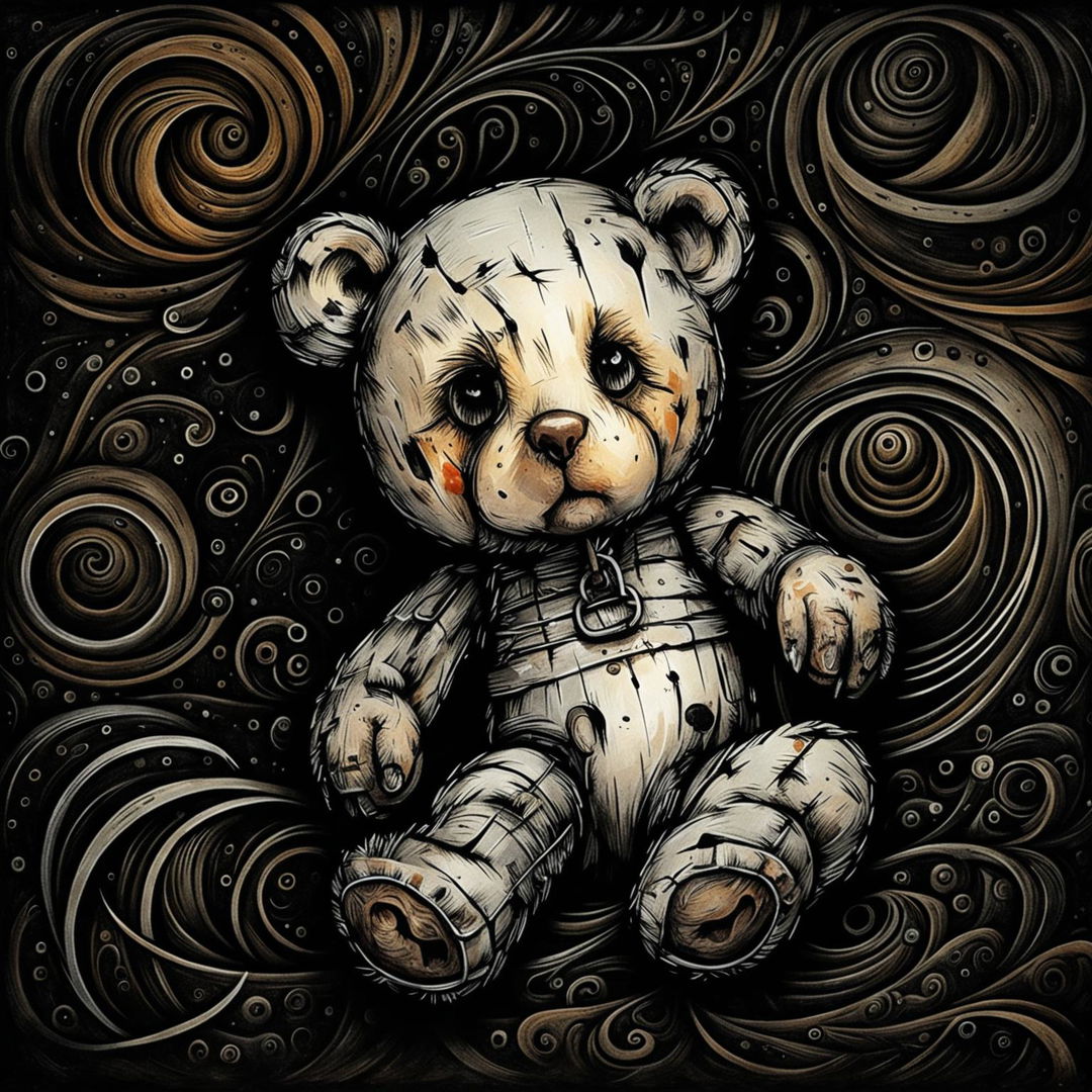 An abstract illustration of a sad, furry tiny brown teddy bear with a ripped ear, missing eye, patchy fur, and undone stitching, laying down and chained against a dark abstract background in black, white, and brown