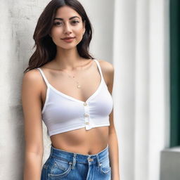 A woman dressed in a spaghetti strap low neck crop top, layered with a transparent white shirt