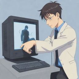 An anime-style image vividly showcasing a man putting an anthropomorphic computer into a headlock.