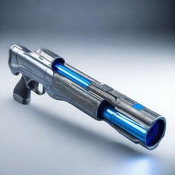 A highly detailed image of a futuristic sawed-off double-barreled shotgun