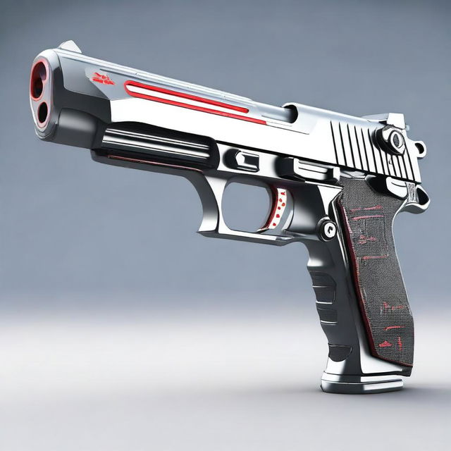 A highly detailed image of a futuristic double-barreled Desert Eagle pistol