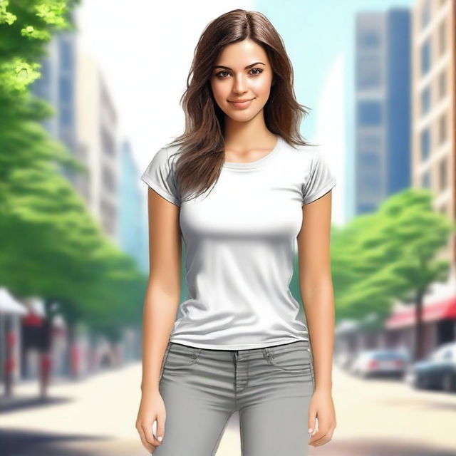 Create a realistic illustration of a young woman in a natural, everyday environment