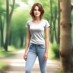 Create a realistic illustration of a young woman in a natural, everyday environment