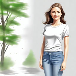 Create a realistic illustration of a young woman in a natural, everyday environment