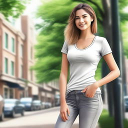 Create a realistic illustration of a young woman in a natural, everyday environment