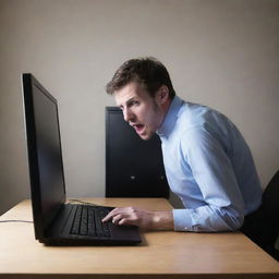 A dramatic image clearly illustrating a man on the verge of losing a fight to a powerful computer.