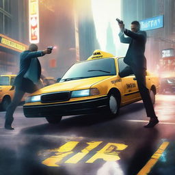 A fictional book cover featuring assailants firing from a taxi