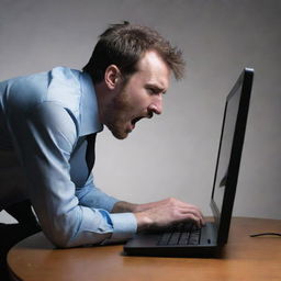 A dramatic image clearly illustrating a man on the verge of losing a fight to a powerful computer.