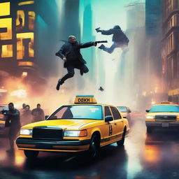 A fictional book cover featuring assailants firing from a taxi