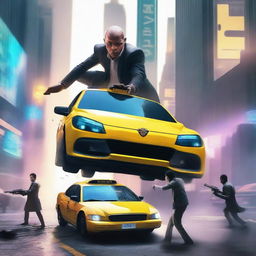 A fictional book cover featuring assailants firing from a taxi