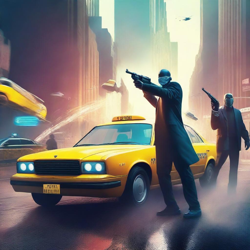 A fictional book cover featuring assailants firing from a taxi