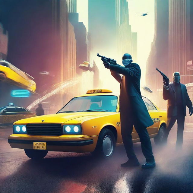 A fictional book cover featuring assailants firing from a taxi