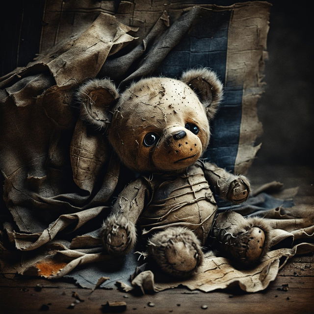 A poignant illustration of a sad, furry tiny brown teddy bear with a ripped ear, missing eye, patchy fur, and undone stitching, lying down on a ripped Romanian flag in black, white, and brown