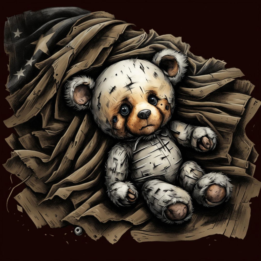 An abstract illustration of a sad, furry tiny brown teddy bear with a ripped ear, missing eye, patchy fur, and undone stitching, laying on a ripped Romanian flag in black, white, and brown