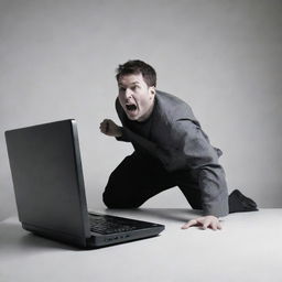 A dramatic image clearly illustrating a man on the verge of losing a fight to a powerful computer.