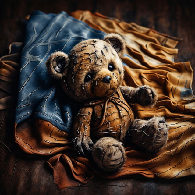 An evocative illustration of a sad, furry tiny brown teddy bear with a ripped ear, missing eye, patchy fur, and undone stitching, lying on a Romanian flag in black, white, and brown