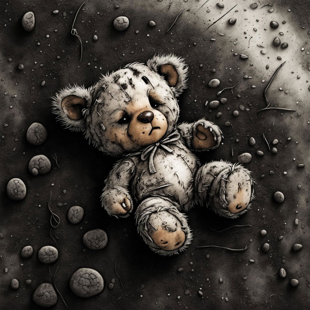 A detailed illustration of a sad, furry tiny brown teddy bear with a ripped ear, missing eye, patchy fur, and undone stitching, lying on a dirt road in black, white, and brown