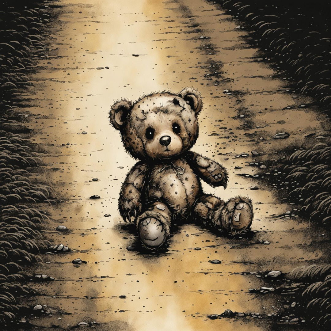 An abstract illustration of a sad, furry tiny brown teddy bear with a ripped ear, missing eye, patchy fur, and undone stitching, laying on a long dirt road in black, white, and brown