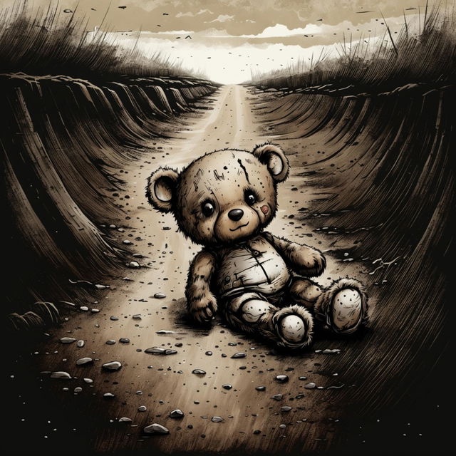 A touching illustration of a sad, furry tiny brown teddy bear with a ripped ear, missing eye, patchy fur, and undone stitching, lying on a long dirt road in black, white, and brown