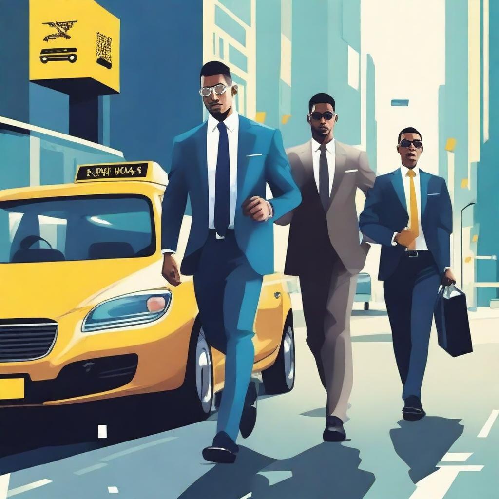 Create a book cover illustration featuring two men in suits running with a taxi behind them