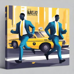 Create a book cover illustration featuring two men in suits running with a taxi behind them