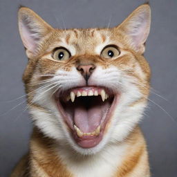 A unique cat with 11 prominently displayed upper teeth and 9 visible lower teeth